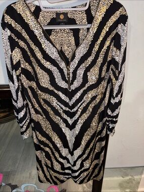 JM Collection Black, White & Gold Zebra-Print Long Sleeve Dress